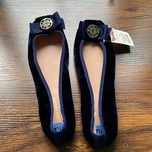 Kate Spade navy blue velvet ballet flats with grosgrain navy ribbon.